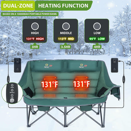 Nice C Heated Camping Chair with Battery, Heated Double Camping Couch, Oversized Thick Padded Loveseat, Heated Camping Chair for Adults, with Cooler Bag, Bottle Opener, Power Bank (Green)