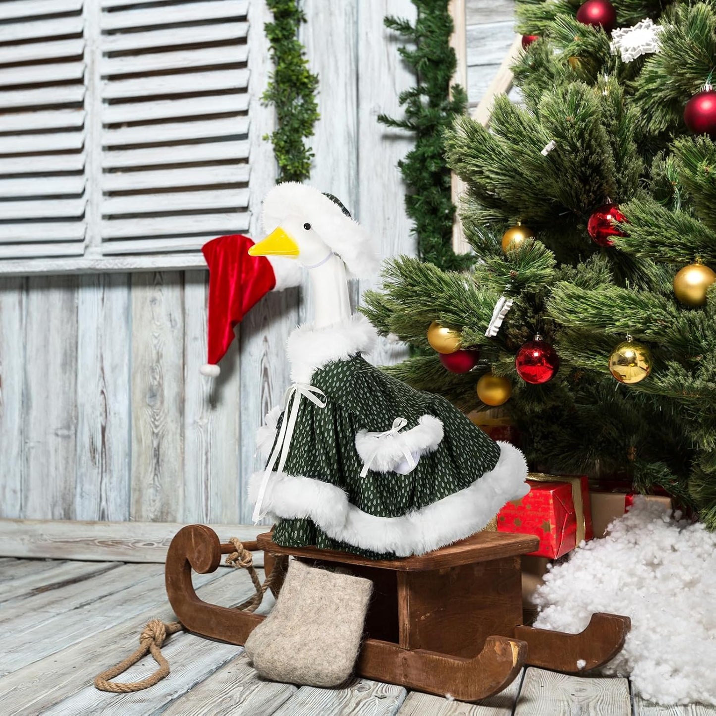 Suzile Winter Christmas Goose Outfit Dresses Clothes for 23" High Cement or Plastic Porch Goose Costume for Yard Lawn Outdoor Garden Patio Statue Xmas Santa Holiday Decor