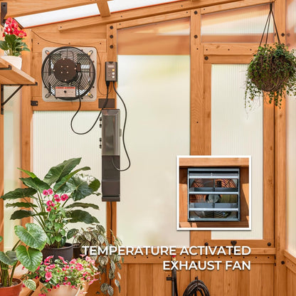 Backyard Discovery Poppy 9' x 6' Cedar Wood and Polycarbonate Walk-in Greenhouse Kit with Exhaust Fan, Windows, Hose Hook-Ups, PowerPort, Staging Shelves, Plant Hooks for Year-Round Outdoor Gardening