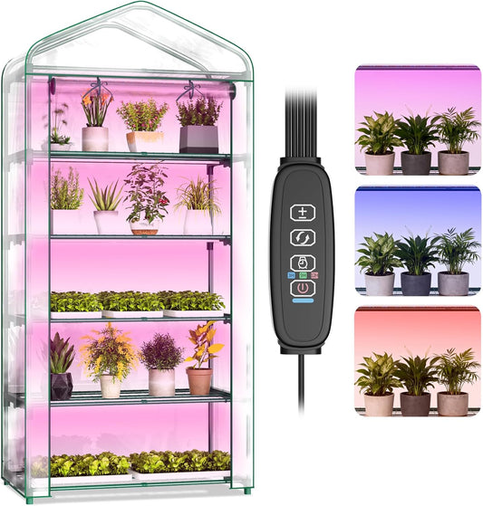 Indoor Greenhouse with Grow Light, 5-Tier 35.4"x19"x74.8" Mini Greenhouse with Roll-Up Zippered PVC Cover for Seed Starting Trays, Dimmable Grow Light Shelf for Indoor Plants with Timer