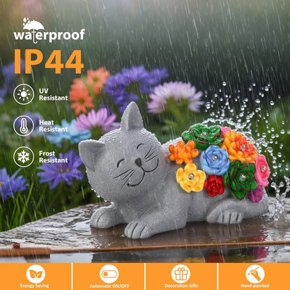 Solar Garden Decor Cat Statue Lights, Birthday Gifts for Women Mom and Cat Lover, Outdoor Decor with Succulentss and 6 LED Lights for Yard Art Lawn Patio Porch