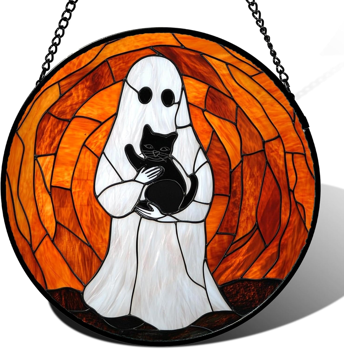 Stained Glass Window Hanging - Halloween Cute White Ghost Black Cat Suncatcher for Doors Garden Home Spooky Orange Sun Catchers Gothic Decor Horror Gift for Women Men Friend Boy Girl 9.8 in