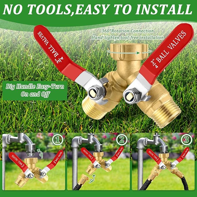 Garden Hose Splitter 2 Way Heavy Duty, Brass Water Hose Splitter with Stainless Steel Long Handle, 3/4 Inch GHT Thread Hose Y Splitter with Shutoff, Faucet Splitter 2 Way with 2 Extra Washers & 1Tape
