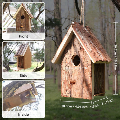 Natural Wooden Bird House for Outdoors – Handcrafted Bark Design, Weatherproof Roof, Perfect for Small Birds, Finch, Bluebird, Wrens & Chickadees, Ideal for Gardens, Patios, and Backyards
