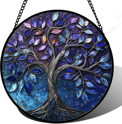 Stained Glass Window Hanging, Blue Purple Tree of Life Sun Catchers Colorful Glass Panel Plants Suncatcher Decor for Birthday for Women,Men,Wife, Lovers, and Mom 11.8x11.8 in