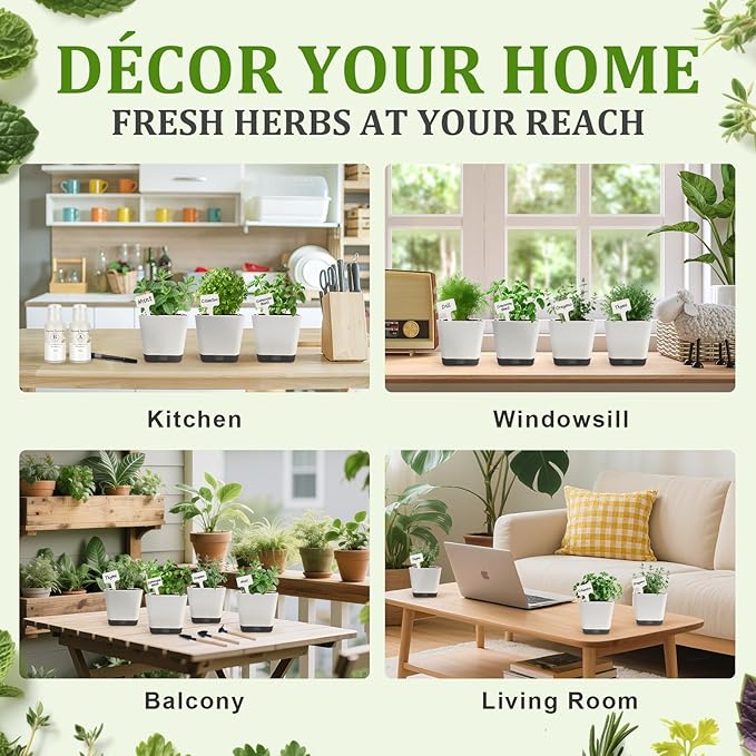 10-Set Indoor Herb Garden Starter Kit, 7 Seeds Growing into Basil, Parsley, Thyme, Mint, Cilantro, Dill, Oregano Including 10 White Pots, Markers, Nutritional Soil, Ideal Christmas Gifts for Women