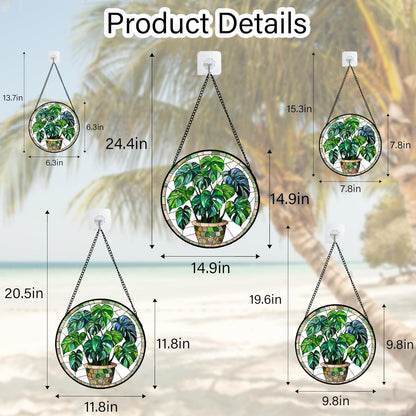 Stained Glass Window Hanging, Green Plant Monstera t Suncatcher Diamond Colorful Glass Panel Sun Catchers Decor for Birthday for Women, Men, Wife, Aunt, and Mom 14.9x14.9 in