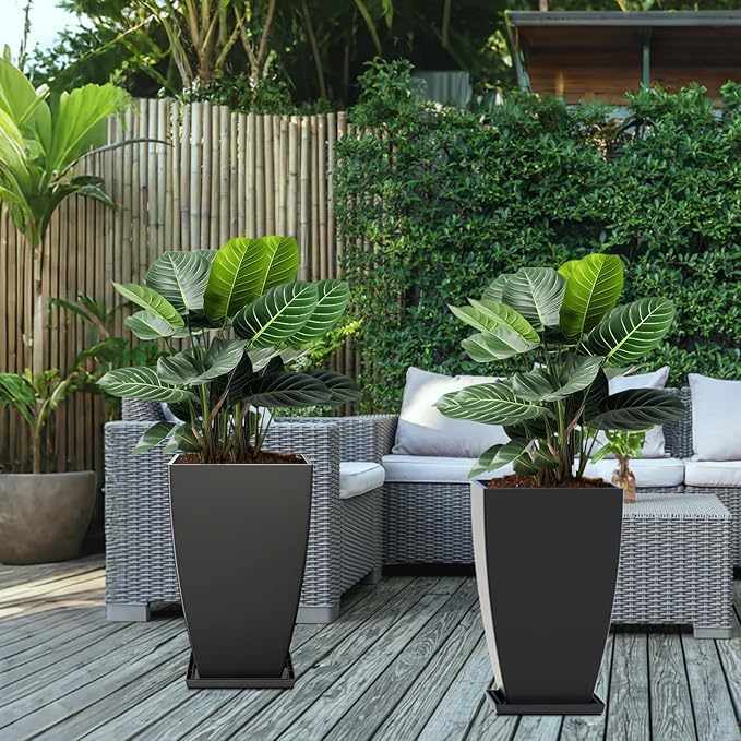 21" Tall Outdoor Planters Set of 2,Front Porch Planter Pots with Drainage Design Holes for Patio, Porch, Garden, Indoor,Black