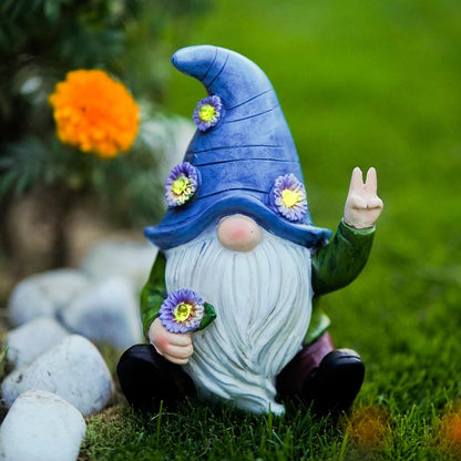Peace Gnome Garden Statue - Original Design - Blue Peace Gnome Design for Yard, Lawn, Patio, Porch - Weatherproof Resin Garden Decoration - Solar Light - Outdoor Decor & Unique Gnome Gift for Women