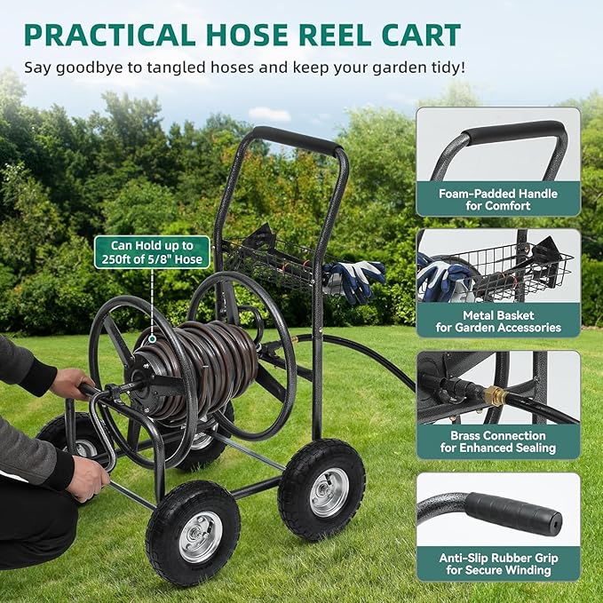 250FT Garden Hose Reel Cart with 10" Pneumatic Tires, Heavy-Duty Steel Frame for Tangle-Free Water Hose Storage, Easy-Rolling Lawn & Yard Hose Holder