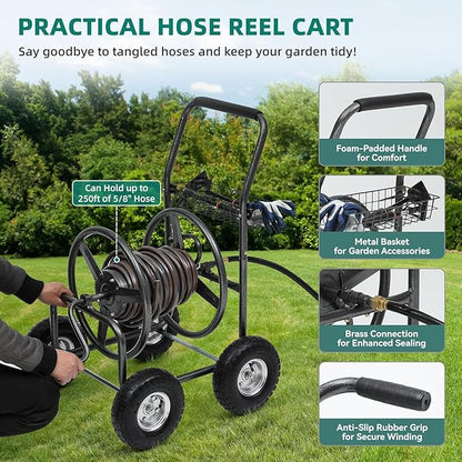 250FT Garden Hose Reel Cart with 10" Pneumatic Tires, Heavy-Duty Steel Frame for Tangle-Free Water Hose Storage, Easy-Rolling Lawn & Yard Hose Holder