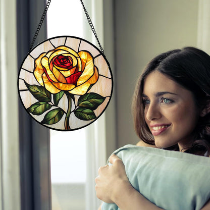 Stained Glass Window Hanging - Elegant Yellow Rose Flower Sun Catcher for Door Garden Home Decor Suncatcher Christmas Mother's Day Birthday Gifts for Women Mom Girl Nana Friend 15 in
