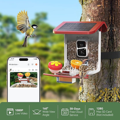 Smart Bird Feeder with Camera, Solar Bird Feeder - 2K HD Live Video Camera AI Identify Birds, Visible Window Auto Capture -Instant Arrival Alerts, Birds Lover Gifts (Red)