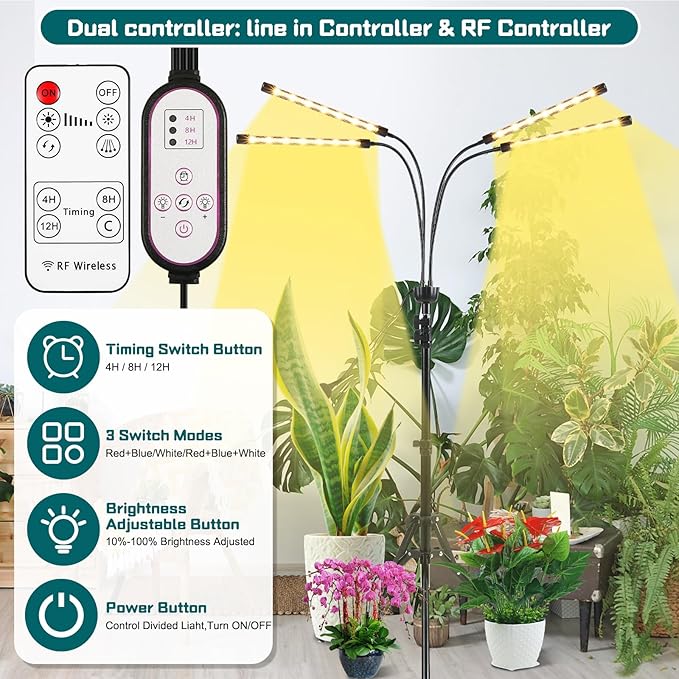 Grow Lights for Indoor Plants Yellow Light with 15-63 inches Adjustable Tripod Stand Plant Light with 4/8/12H Timer with Remote Control