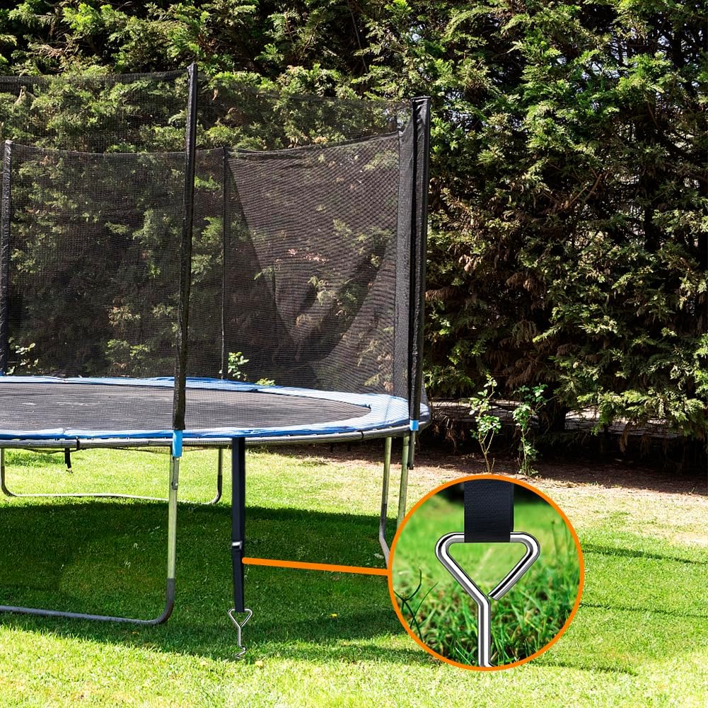 Eurmax USA Trampoline Stakes Heavy Duty Trampoline Parts Corkscrew Shape Steel Stakes Anchor Kit with T Hook for Trampolines -Set of 4 Bonus 4 Strong Belt,Silver