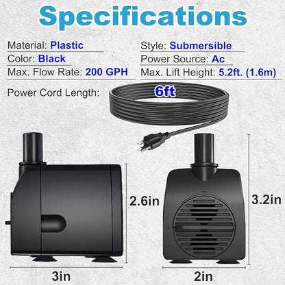 Submersible Pump 200GPH Ultra Quiet with Over Heating Protection 5.2ft High Lift for Fountains, Hydroponics, Ponds, Aquariums & More…