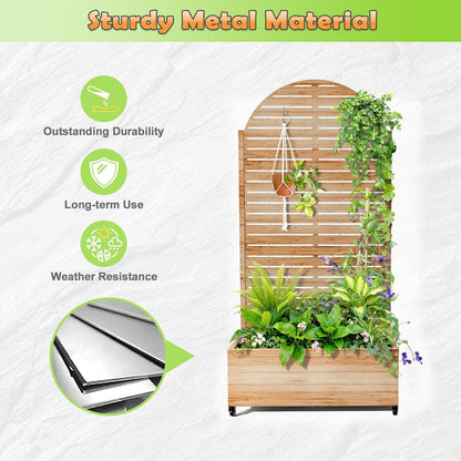 Metal Raised Garden Bed with Trellis, 2-in-1 Planter Box & Privacy Screen for Climbing Plants, Outdoor Standing Flower Bed with Drainage Holes, 35.4" L x 15.7" W x 70.1" H, Acacia Wood Grain-Louvered