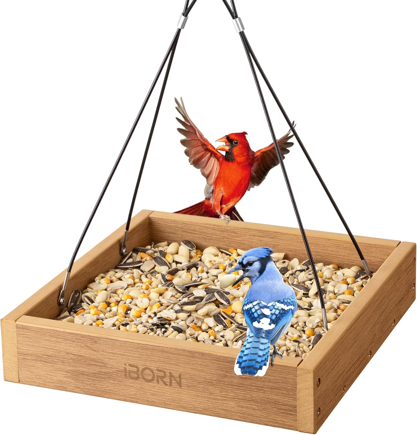 iBorn Platform Bird Feeder Tray Bird Feeders for Outdoors 10.6"x10.6" Platform Feeder with Large Capacity 3 LBS, Recycled Plastic & Cedar Look, Waterproof, Raw