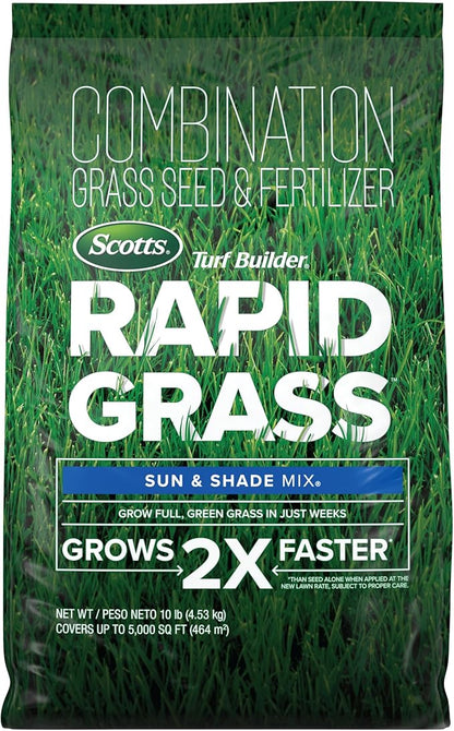 Scotts Turf Builder Rapid Grass Sun and Shade Mix, Grass Seed with Fertilizer for Full, Green Grass in Just Weeks, 10 lbs.