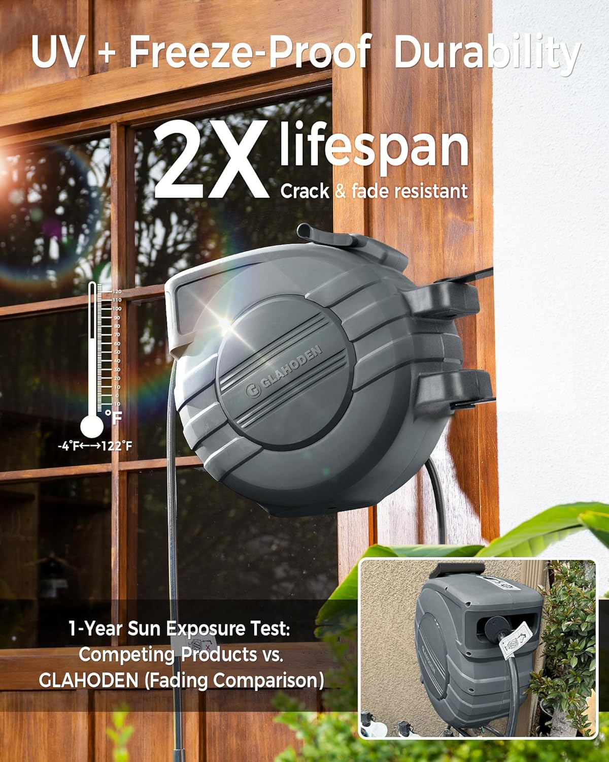 Retractable Garden Hose Reel 1/2 in x 50 ft Metal Bracket, 2025 Upgraded Dual Ratchet Lock UV & Freeze Protection Brass Seal Slow Retraction Anti-Tangle Hose 180°Swivel