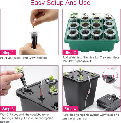 4 Hydroponic Buckets Kit for Plants, Hydroponics Growing System for Herbs/Tomato/Vegetables, DWC System with Air Pump & Germination Tray Black (Complete Indoor Hydroponic Gardening Supplies)