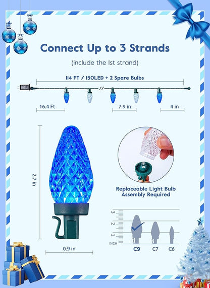 Brightown C9 Christmas Lights Outdoor, 114FT 150 LED Blue and Pure White String Lights with Timer, 8 Modes, UL Listed Waterproof Connectable Christmas Tree Lights for House, Roof, Garden, Patio Decor