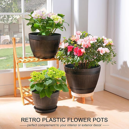 VECELO Plant Pots with Drainage Holes & Saucer, 9/11.3/13 Inch Flower Pots with Tray, 3 Pack Plastic Whiskey Barrel Planters for Indoor & Outdoor Garden Home Plants and Flowers