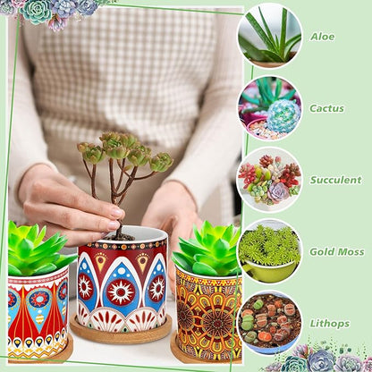 Zopeal 6 Pcs 3 Inch Succulent Pots Succulent Planters Cylinder Ceramic Pots Mandala Multicolor Cactus Pot with Drainage Holes and Bamboo Trays for Indoor Plants Flowers Garden Decoration (Core)