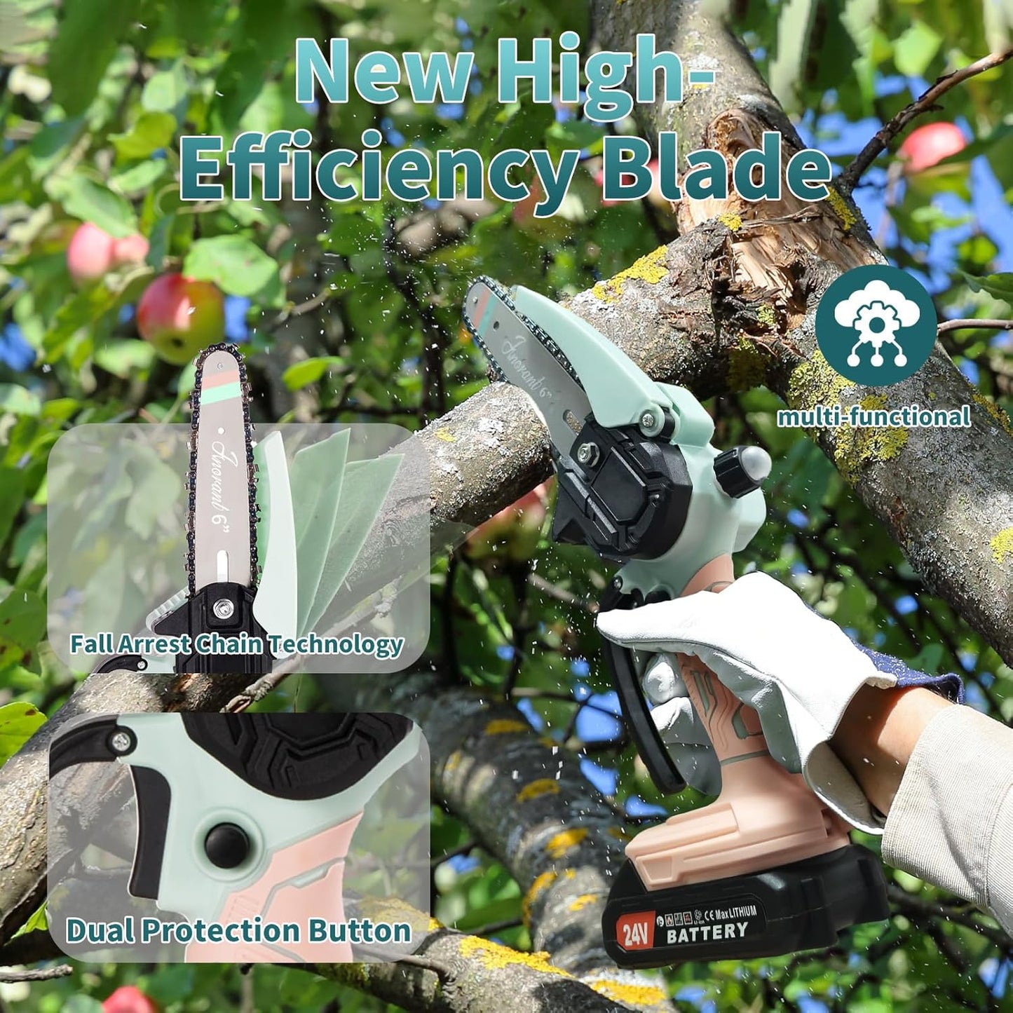 Mini Chainsaw with 2×24V Battery Powered Electric Chain Saw,chain saw are suitable for cutting wood and trimming branches,Mini Chainsaw Cordless With three chains