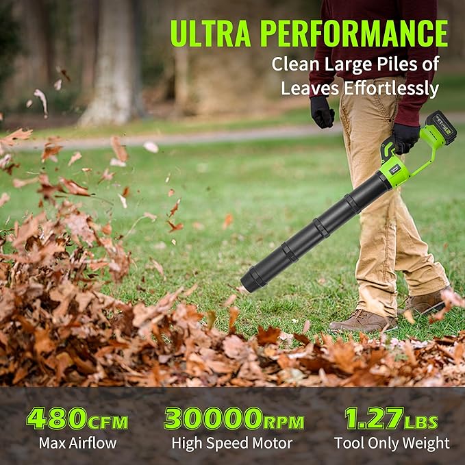 Cordless Electric Leaf Blower, 21V Small Handheld Leaf Blower with 2X 3.0Ah Battery and Charger, Mini Lightweight 480CFM Blower with Infinite Speeds for Lawn Care, Yard, Deck, Patio, Leaves, Dust