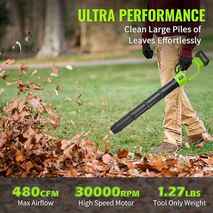 Cordless Electric Leaf Blower, 21V Small Handheld Leaf Blower with 2X 3.0Ah Battery and Charger, Mini Lightweight 480CFM Blower with Infinite Speeds for Lawn Care, Yard, Deck, Patio, Leaves, Dust