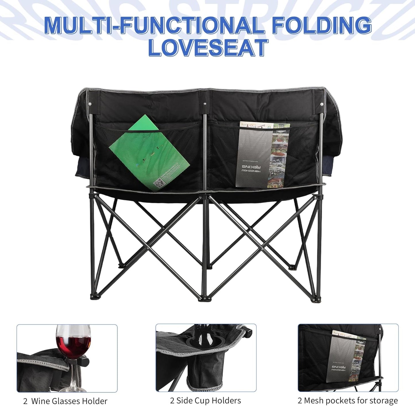 Oversized Double Camping Chair-Heavy Duty 2 Person Folding Loveseat Camp Couch for Adults,Portable Outdoor Lawn Chairs with Padded Seat for Fishing,Sports and Patio,Supports 500 LBS,Black