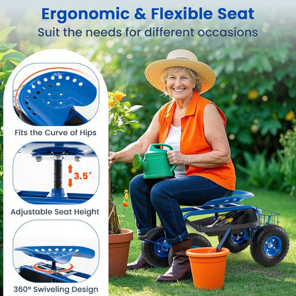 Giantex Garden Workseat, 360 Swivel Rolling Seat with Wheels, Tools Basket, Gardening Cart with Seat, Adjustable Height, Wagon Scooter for Patio Lawn Yard, Outdoor Steerable Stool (Blue)