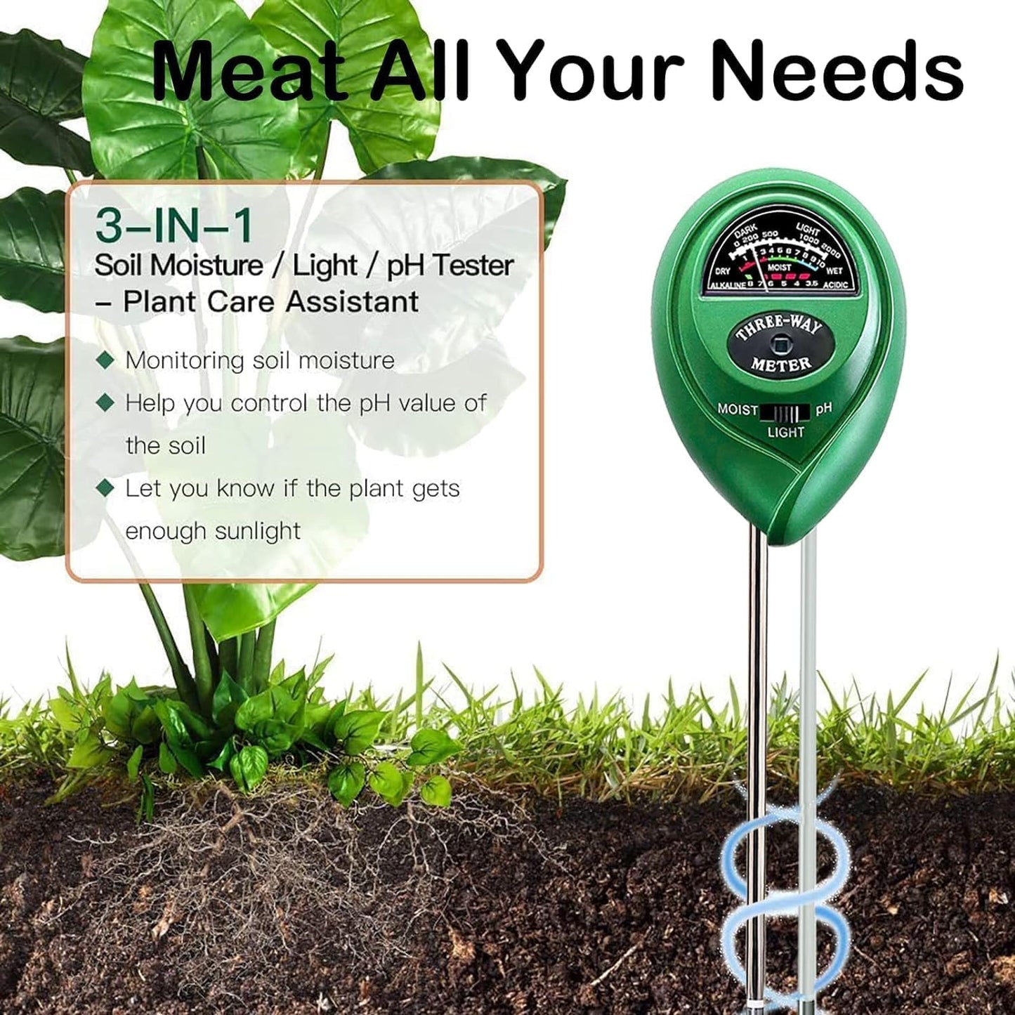 Suplong 3-in-1 Soil Moisture Meter, Upgraded Stainless Steel Probe Soil pH/Light/Moisture Meter for Plants, Soil Tester for Garden, Farm, Lawn, Indoor & Outdoor (No Battery Needed)