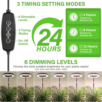 LORDEM Grow Light for Indoor Plants, Full Spectrum Plant Light with Auto Timer for 4/8/12H, 7.9" Diameter Growing Lamp with 108 LEDs, 4 Dimmable Levels, Adjustable Stand 24"-67"