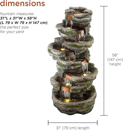 Alpine Corporation WIN1146 Outdoor Floor Cascading 8 Tiered Rock Garden Water Fountain with LED Lights, 58", Gray