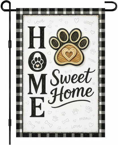Garden Flags 12x18 Inch Home Sweet Home Garden Flag Paw Print Design Black and White Plaid Border Outdoor Decorative Flag for Pet Lovers Yard Flag for Porch Lawn