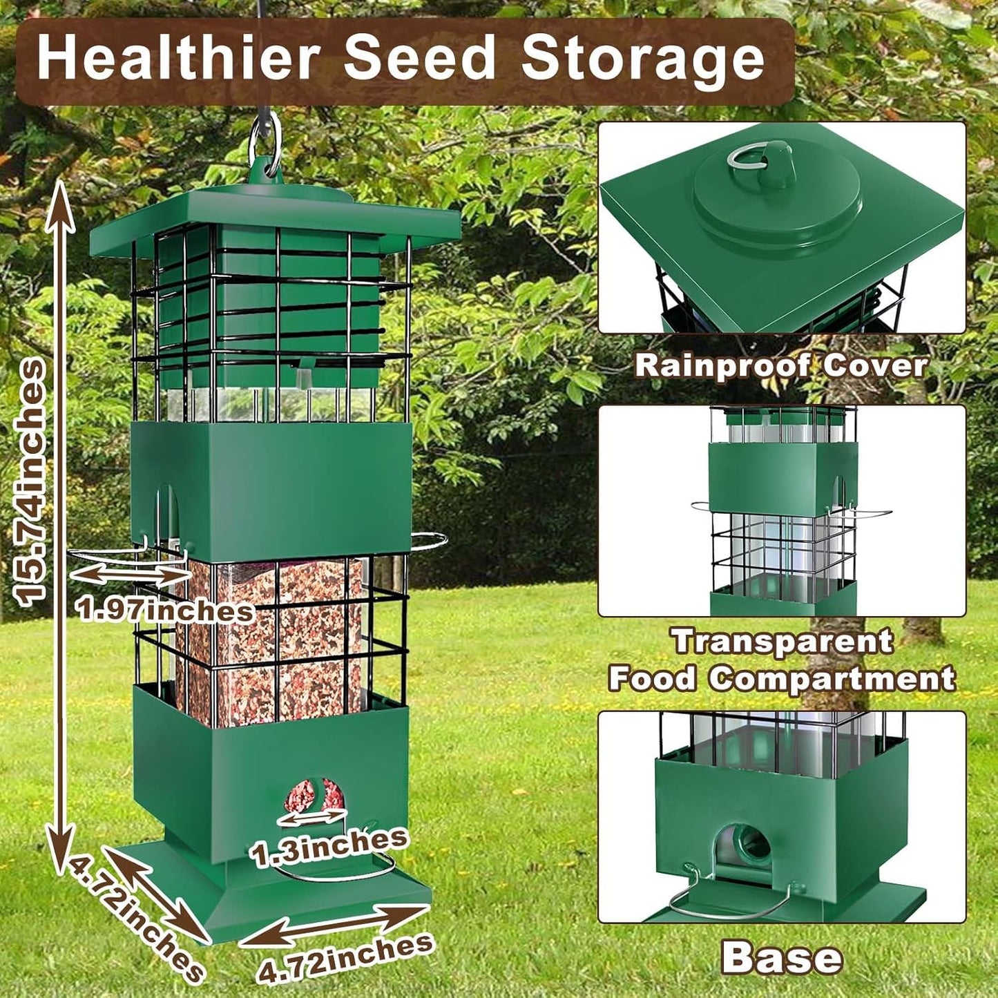 Squirrel Proof Bird Feeder, 3LBS Large Capacity Hanging Bird Feeders with Weight-Activated Perches for Outdoors, Metal Anti-Squirrel Wild Birdfeeder for Blue Jay, Cardinal, Outside (Green)