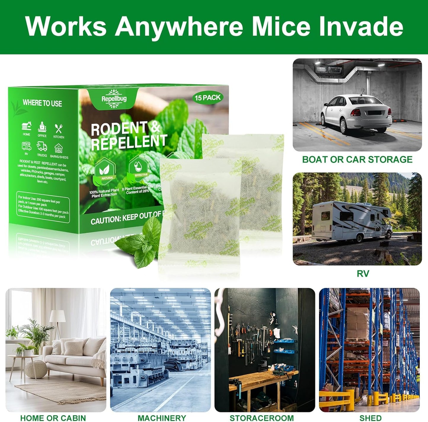 Pest Control Pouches, 15 Pack Peppermint Oil for Mice Rodent Rats Squirrel Pests Repellent Indoor Outdoor Use, Rodent Rat Mouse Deterrent Family Pet Safe Ideal for House Garage Warehouse (15 Pack)