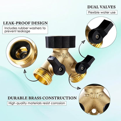 Dalmbox Garden Hose Splitter 2 Way, Y Connector Brass Garden Hose Adapter, Water Hose Splitter, Double Shut Off Valve, Includes 5 Rubber Washers & Teflon Tape(2 pack)