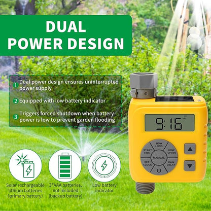 Sprinkler Timer, Programmable Irrigation Water Timer for Garden Hose, Solar/Battery Dual Power & Professional Leak-Proof Design, Rain Delay/Auto/Manual Watering System, Yellow