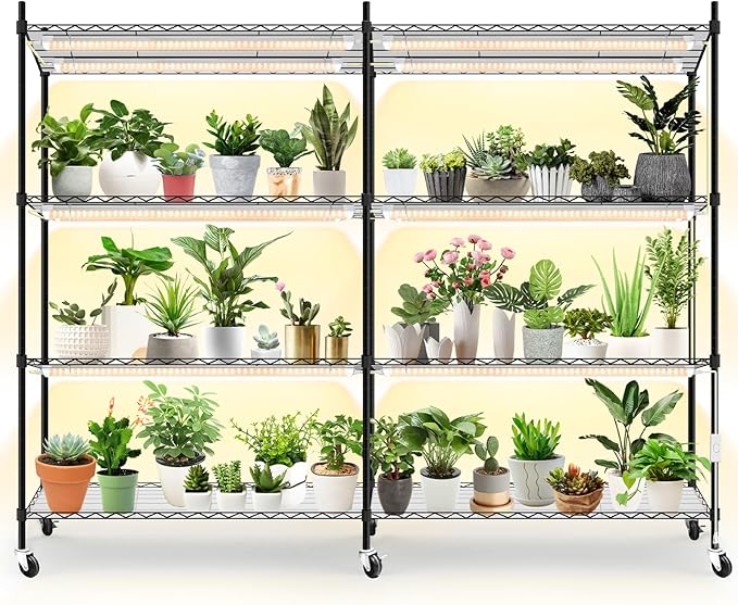 Bstrip Plant Shelf with Grow Light, 4-Tier Large Grow Light Shelf with Wheels, Stainless Steel, 12-Pack 288W T8 Full Spectrum Grow Lights for Seed Starting(57.4" L x 13.8" W x 59" H)