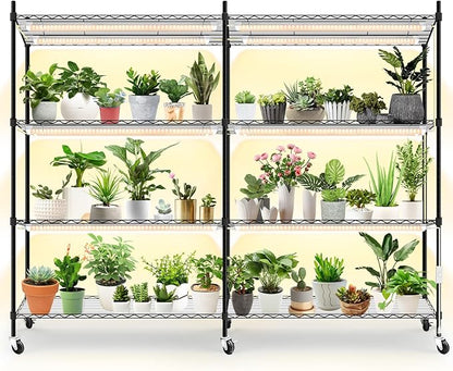 Bstrip Plant Shelf with Grow Light, 4-Tier Large Grow Light Shelf with Wheels, Stainless Steel, 12-Pack 288W T8 Full Spectrum Grow Lights for Seed Starting(57.4" L x 13.8" W x 59" H)