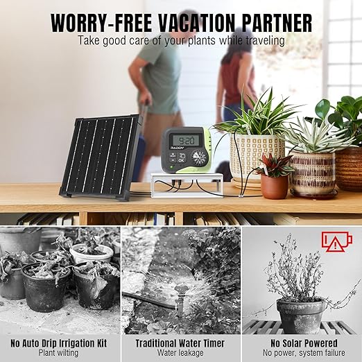 Raddy WS-1 Drip Irrigation Kit, 5W Solar Powered Automatic Watering System, Easy DIY Water Timer for Plants on The Balcony, Gardens, and Green House, Supported 15 Pots