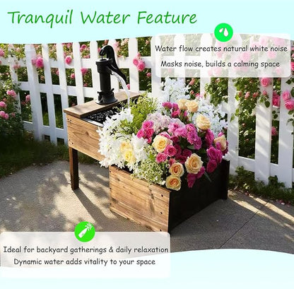 Outdoor Water Fountain，Floor Wooden Rectangular Double-Layer Old-Fashioned Pump Fountain with Flower Box，Plug-in Electric Decorative Hand Pump,Outdoor Water Feature for Garden Patio Backyard
