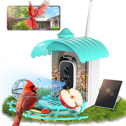 Smart Bird Feeder with Camera, AI Identify Birds Species Solar Powered, 2K HD Video Bird House with Camera, Instant Arrival Alerts, Waterproof Squirrel Proof, Gift for BirdLovers, 2.4GHz WiFi, Blue