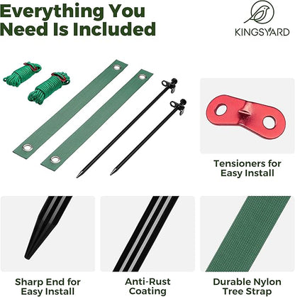 Kingsyard Heavy Duty Tree Stake Kit, 3 Pcs 12 Inch Steel Tree Stakes and Supports for Leaning Young Trees Straightening Kit Against Bad Weather, with 6Pcs Straps & 6Pcs 13ft Anchor Ropes