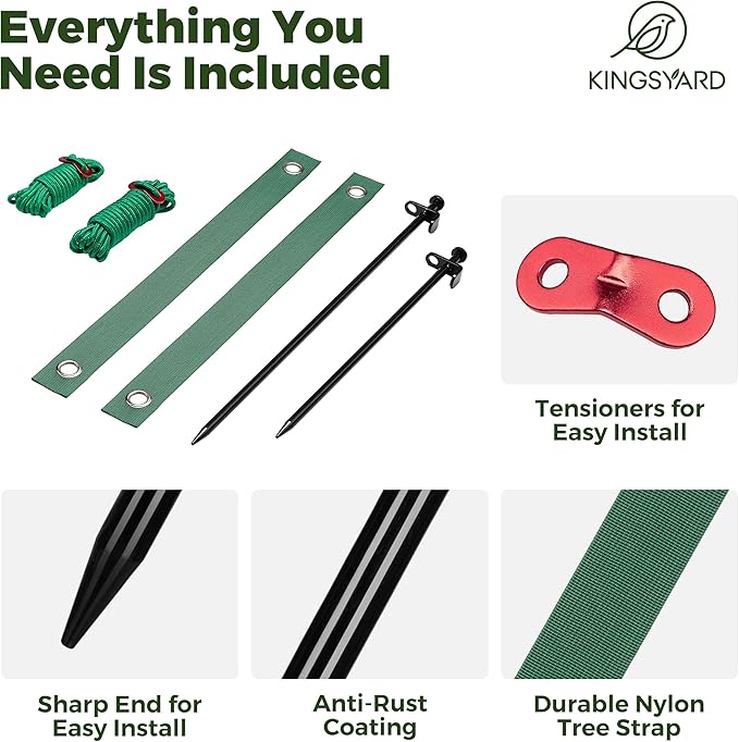 Kingsyard Tree Stakes and Supports, 16 Inch 3 Pcs Steel Heavy Duty Tree Stake Kit for Leaning Young Trees Straightening Kit Against Bad Weather, with 6Pcs Straps & 6Pcs 13ft Anchor Ropes