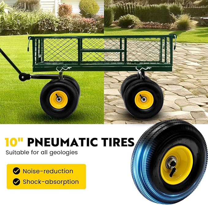 Steel Garden Cart, 2-in-1 Heavy Duty Utility Wagon 900 LBS Capacity Carts with Removable Mesh Sides to Convert into Flatbed, 240° U-Turn 10" Pneumatic Tires Garden Wagon for Lawn Camping Farm Yard