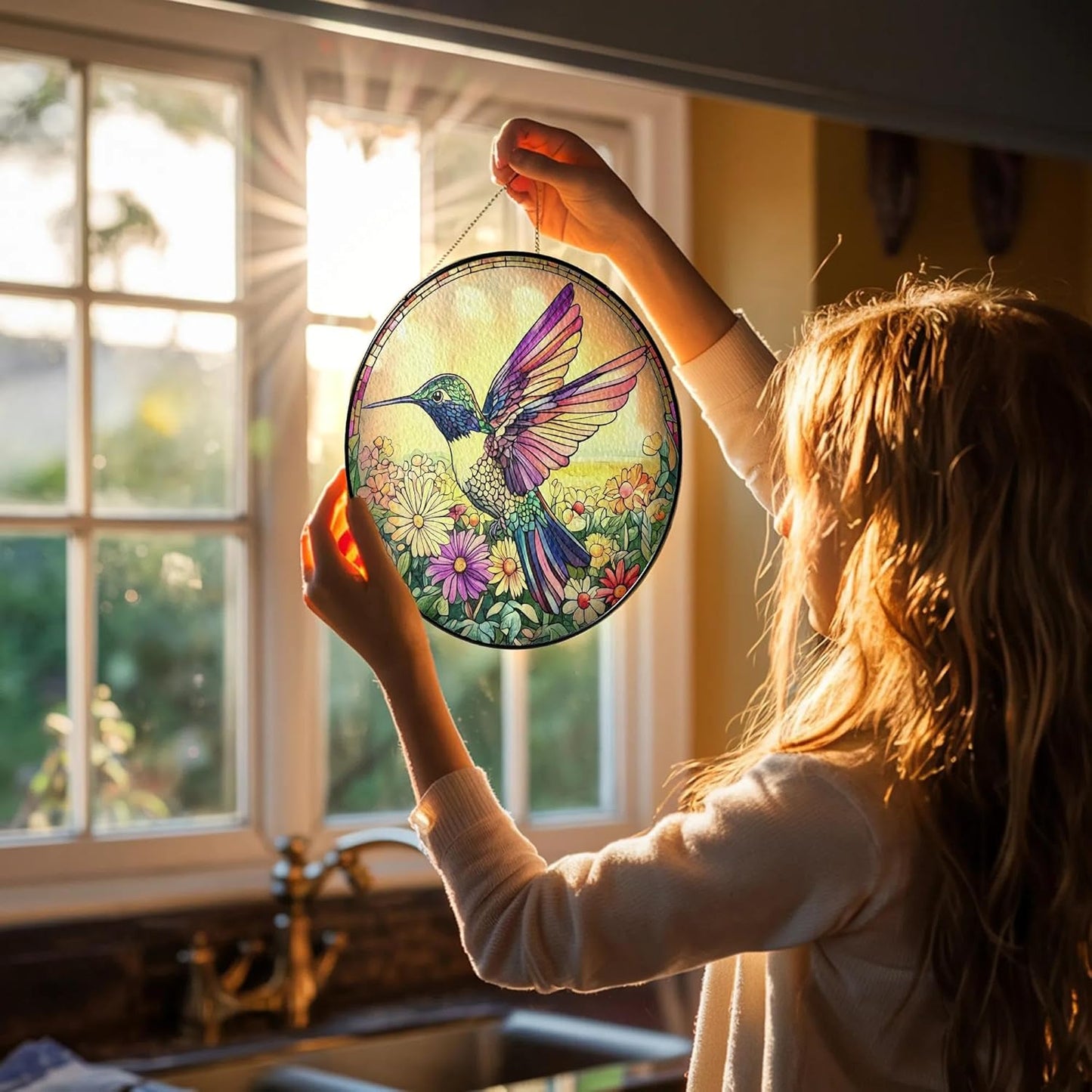Hummingbird Suncatcher Stained Glass Window Hanging Decor - Hummingbird Gifts for Women, Birds Lovers Spirit Birds Glass Panel Garden Decorations Birthday Christmas for Mom Grandma